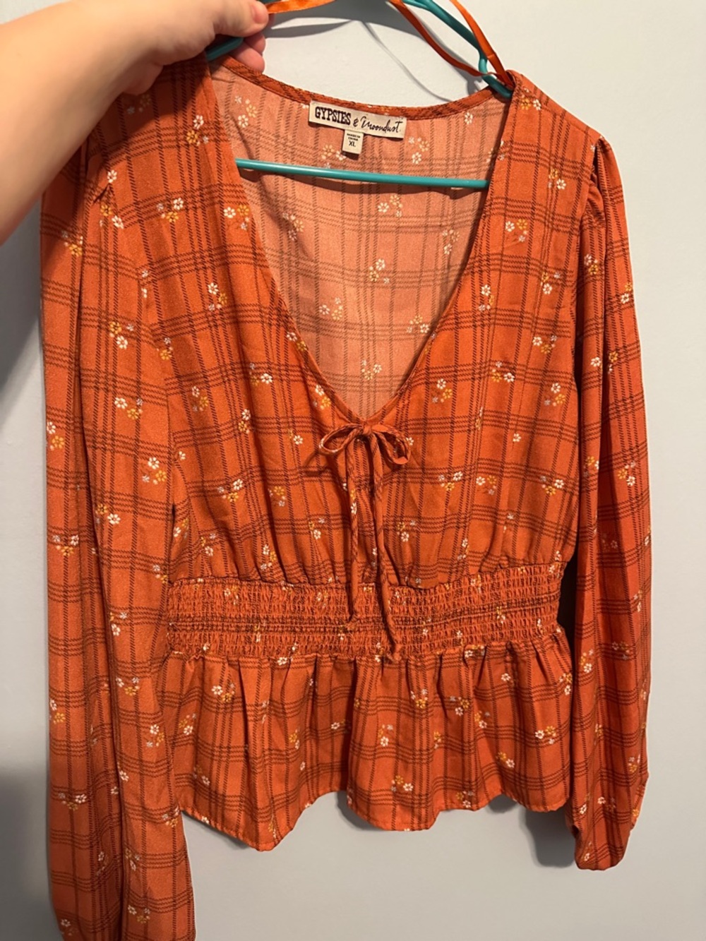 Gypsies & Moondust Orange Plaid Smocked Peasant Blouse